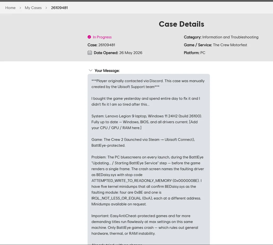 Ubisoft Support case details page showing case 26109481, status In Progress, opened 26 May 2026, game The Crew Motorfest, platform PC, with the original problem description