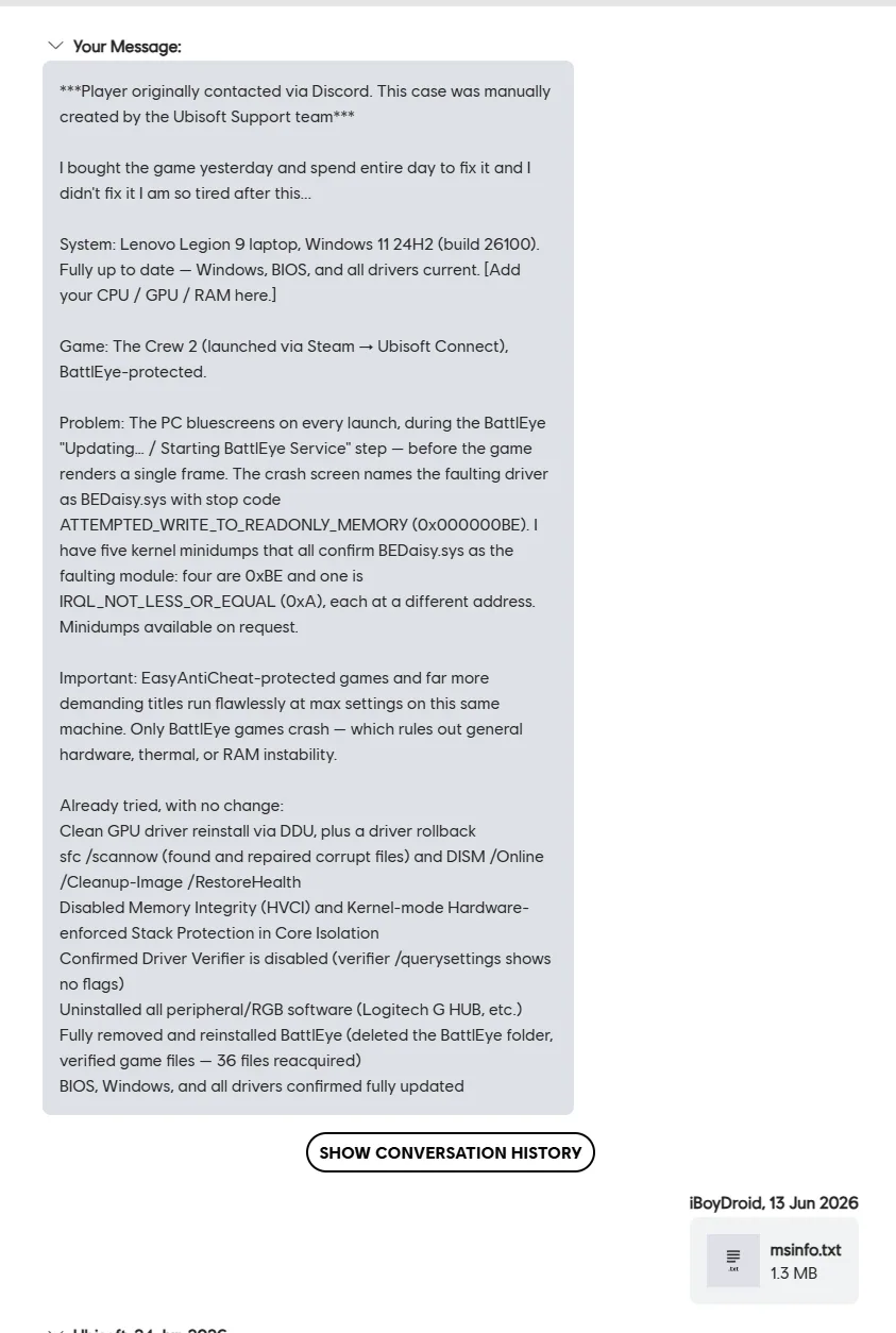 The full original message on the Ubisoft case, listing the system, the 0xBE crash in BEDaisy.sys, the five minidumps, the EAC constraint and the steps already tried, followed by an msinfo.txt upload dated 13 June 2026