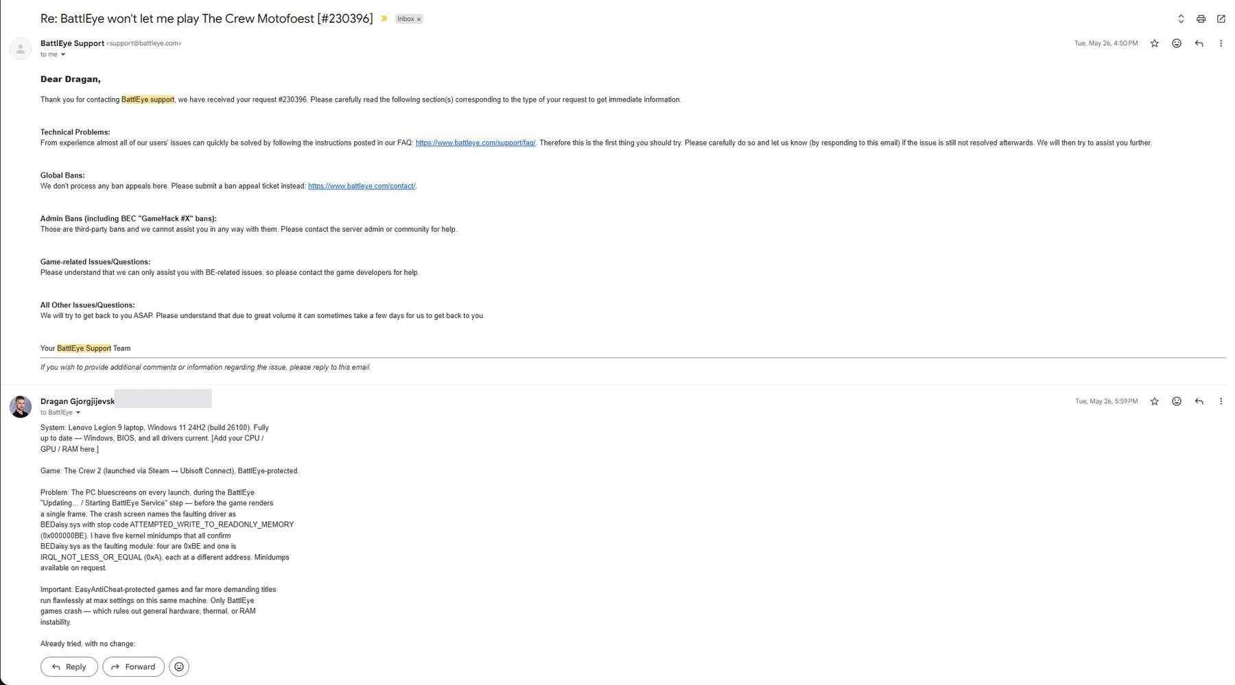 Gmail thread showing BattlEye Support's automated acknowledgement of ticket 230396 on 26 May 2026 at 16:50, and the user's detailed problem report sent at 17:59
