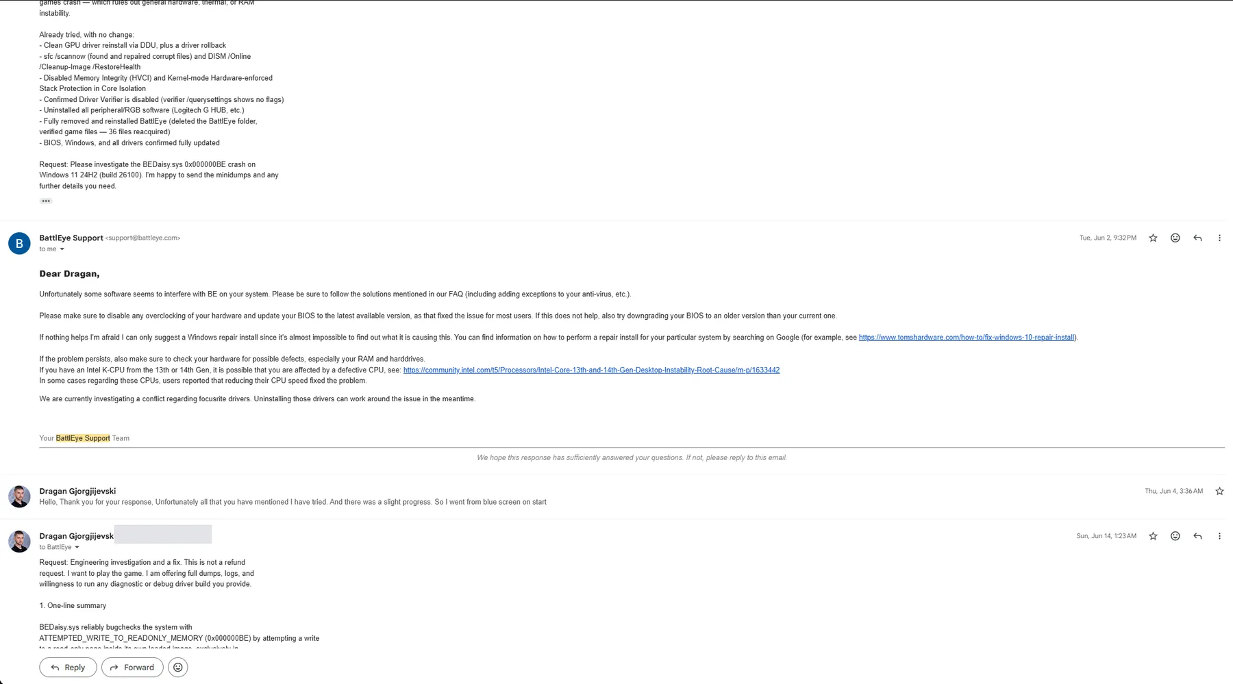 Continuation of the BattlEye email thread: the list of steps already tried, BattlEye's reply of 2 June 2026 with a generic troubleshooting checklist, and the headers of the user's 4 June and 14 June replies