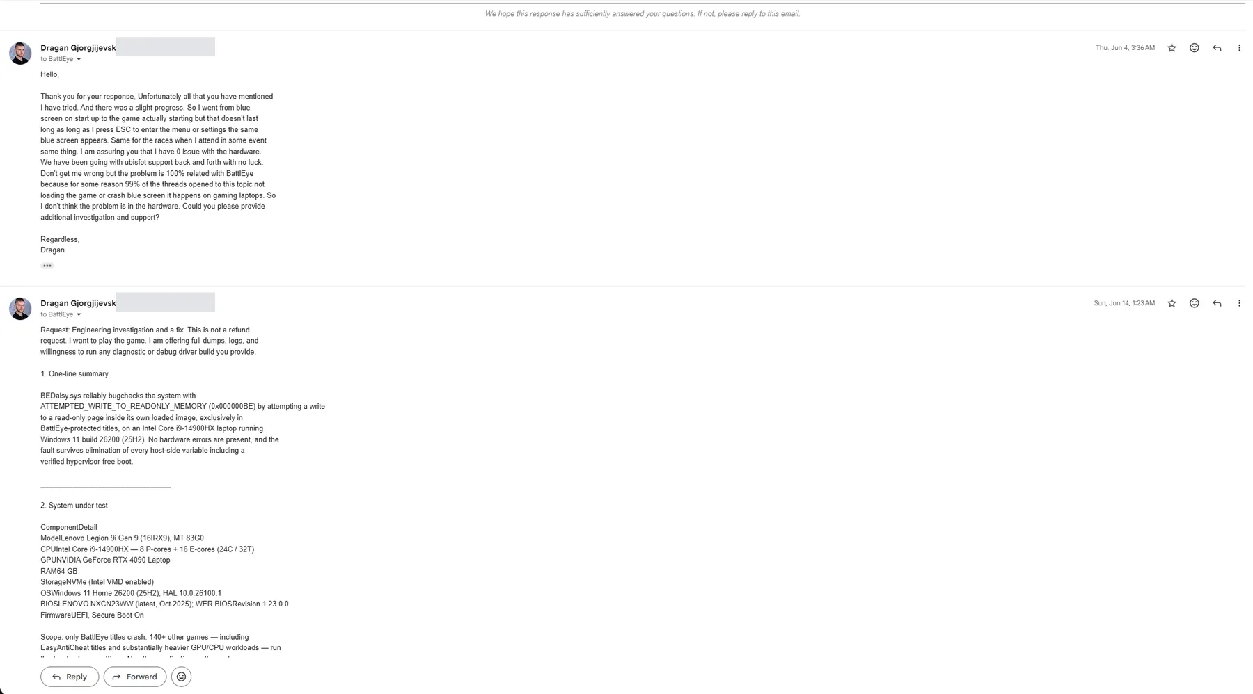 The user's 4 June 2026 reply reporting that every suggested step was done and the crash now occurs in-game, and the opening of the 14 June engineering report with the system-under-test table