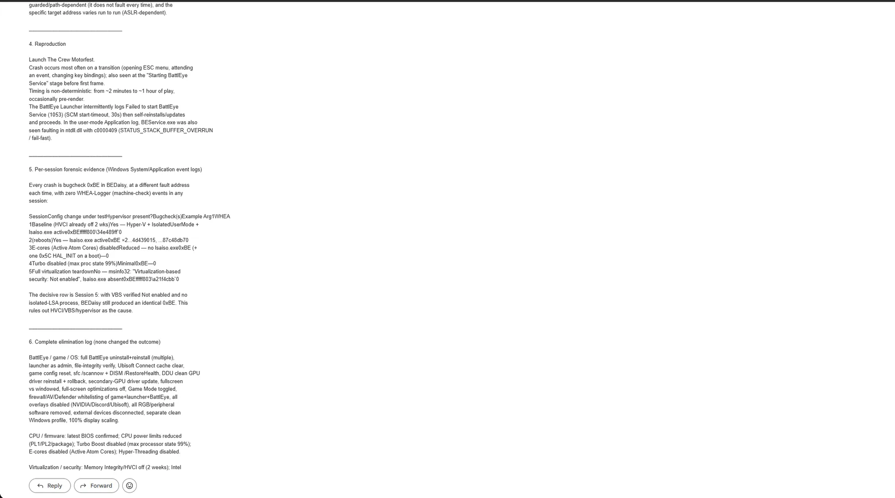 Engineering report sections 4 to 6: reproduction details, per-session forensic table across five boot sessions with zero WHEA events, and the start of the elimination log