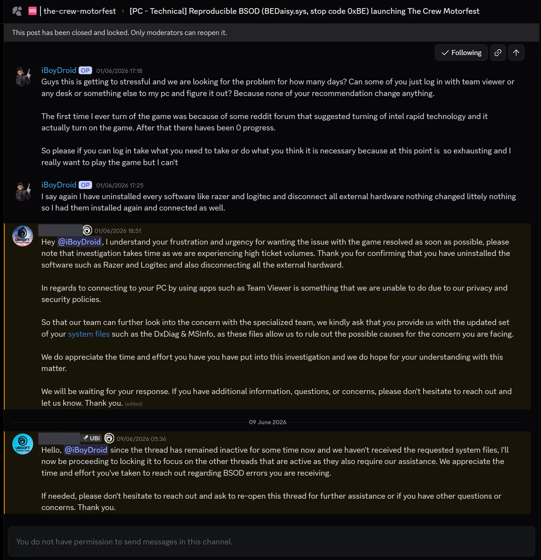 Locked Discord support thread titled '[PC - Technical] Reproducible BSOD (BEDaisy.sys, stop code 0xBE) launching The Crew Motorfest', showing the user's 1 June messages, a support reply the same day declining a remote session and requesting DxDiag and MSInfo, and the 9 June lock notice citing inactivity and missing files